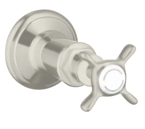 AXOR abgesperrtes Unterputzventil mit Kreuzgriff in Edelstahloptik, montiert an einer Wand. Der Griff ist ergonomisch geformt und dient zur Steuerung des Wasserflusses.